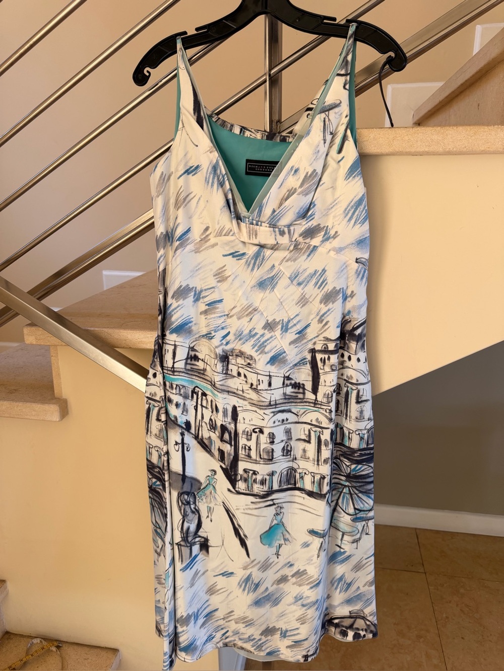 Vintage Richard Tyler White & Light Blue Printed V-Neck Slip Dress